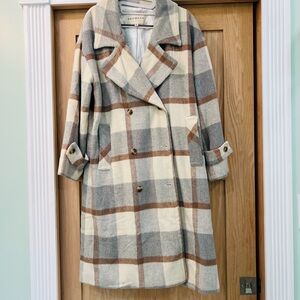 Promesa from Anthropologie Plaid Double-Breasted Trench Coat Cream,Gray &Brown